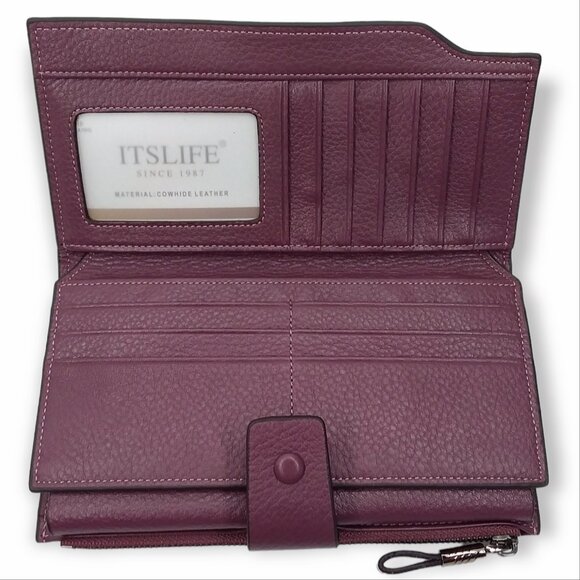 Itslife Bifold Wallet Purple Pebbled Leather RFID Large Capacity Multi Pockets - Picture 8 of 14